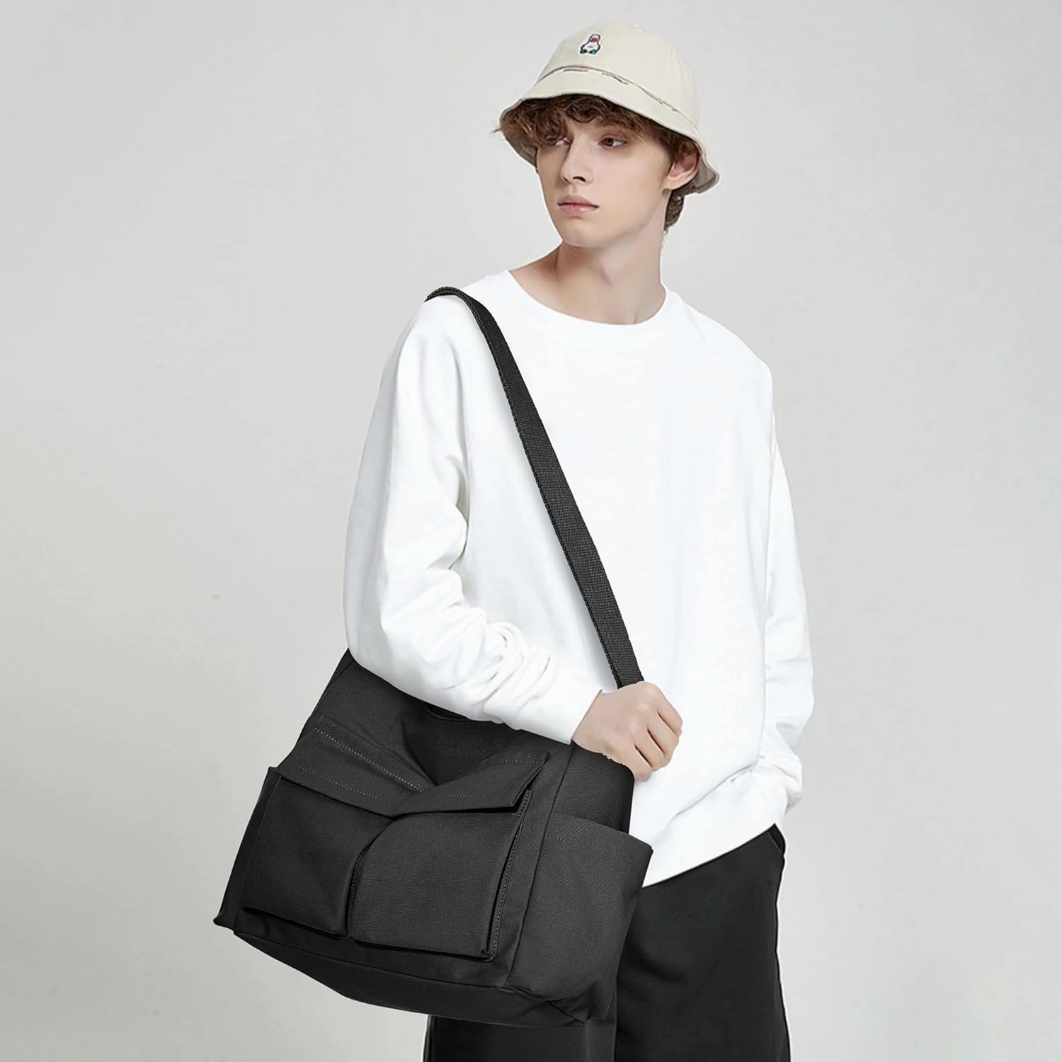 KALIDI Canvas Tote Bag Messenger Bag, Large Crossbody Bag for Women or Men, Casual Canvas Shoulder Bag for College Work Daily