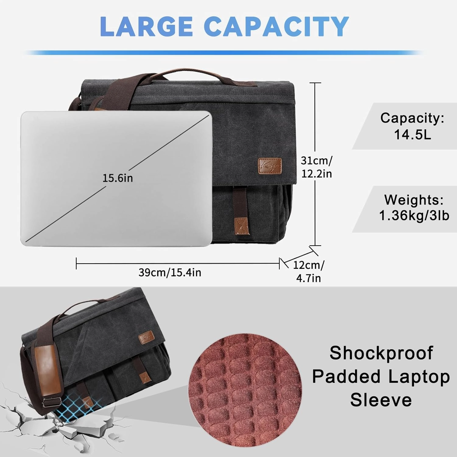 Kasqo Messenger Bag for Men, 14" 15.6" 17" Water Resistant Canvas Laptop Satchel Bag for School College Work