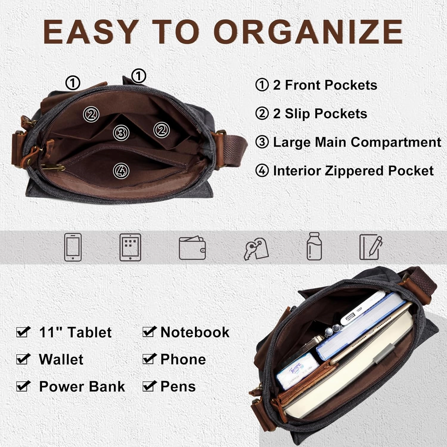 Kasqo Small Messenger Bag, Canvas Leather Crossbody Bag for Men Water Resistant Women Shoulder Bag Purse for Work Business