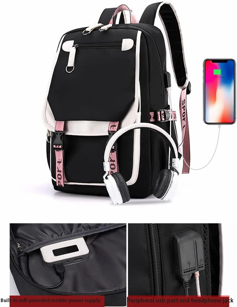 Kpop Backpack Lisa Rose JISOO Jennie Shouler Bag Messenger Bag Fashion USB Charging Backpack (pink 2)