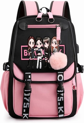 Kpop Backpack Lisa Rose JISOO Jennie Shouler Bag Messenger Bag Fashion USB Charging Backpack (pink 2)