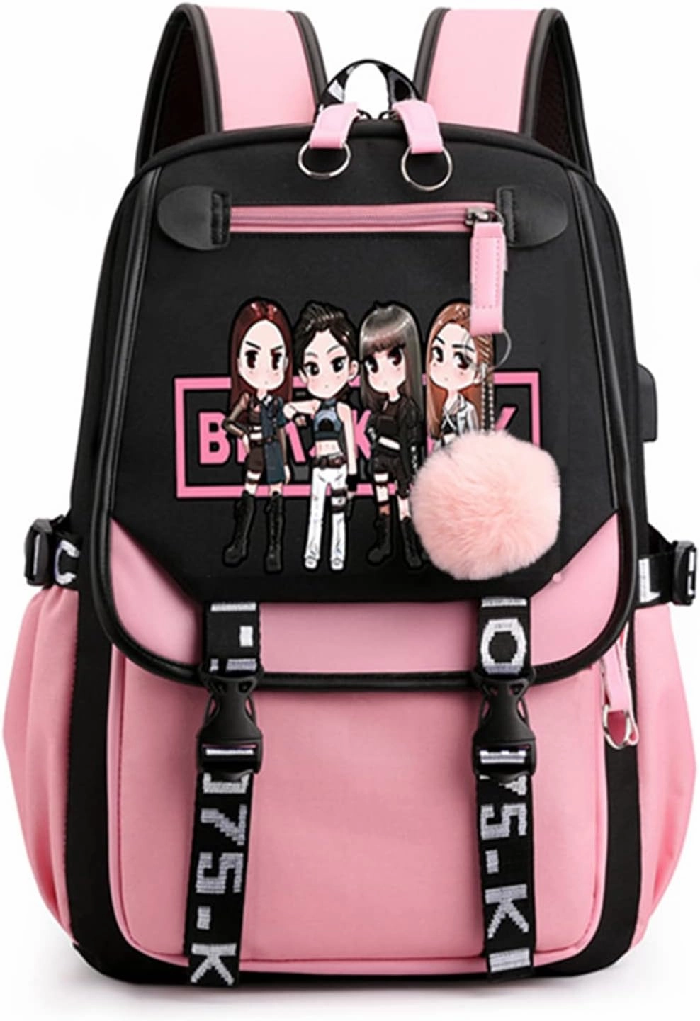 Kpop Backpack Lisa Rose JISOO Jennie Shouler Bag Messenger Bag Fashion USB Charging Backpack (pink 2)