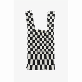 Last Frame Checked Knitted Tote Bag with Faux Leather Shoulder Strap