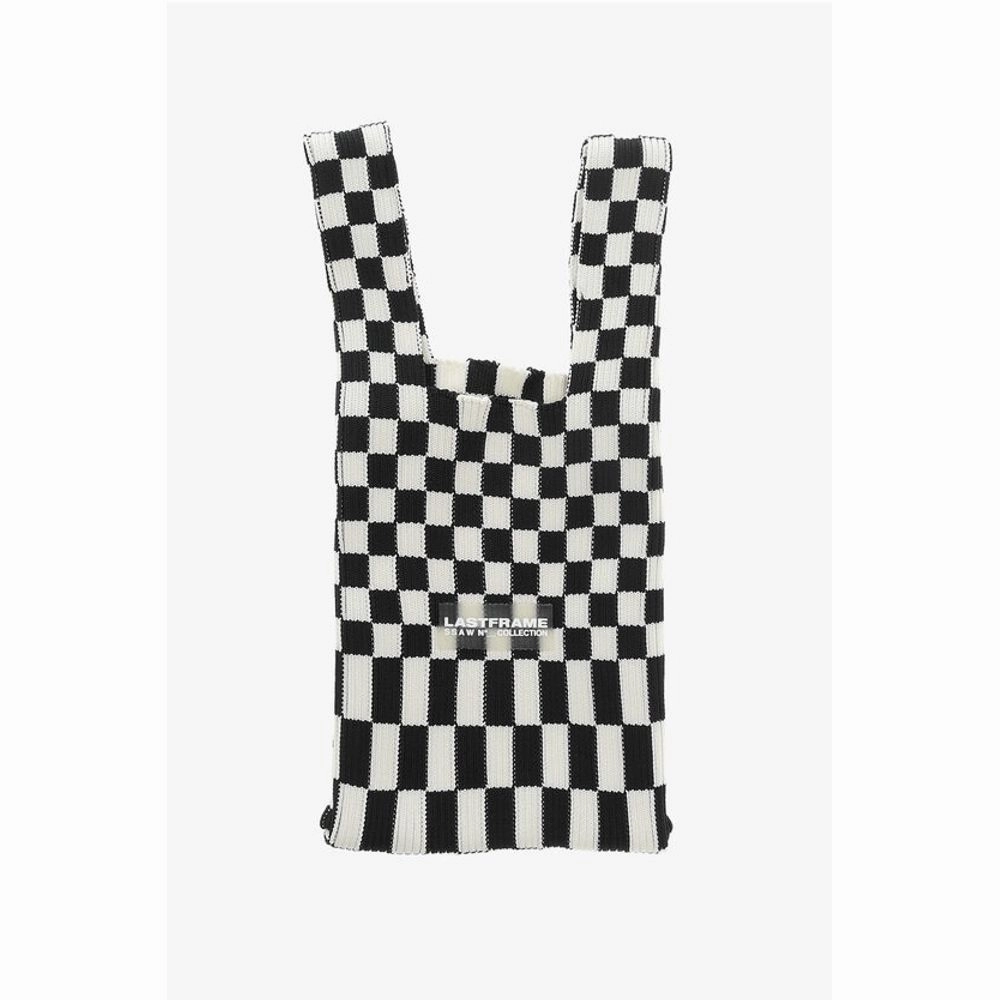 Last Frame Checked Knitted Tote Bag with Faux Leather Shoulder Strap
