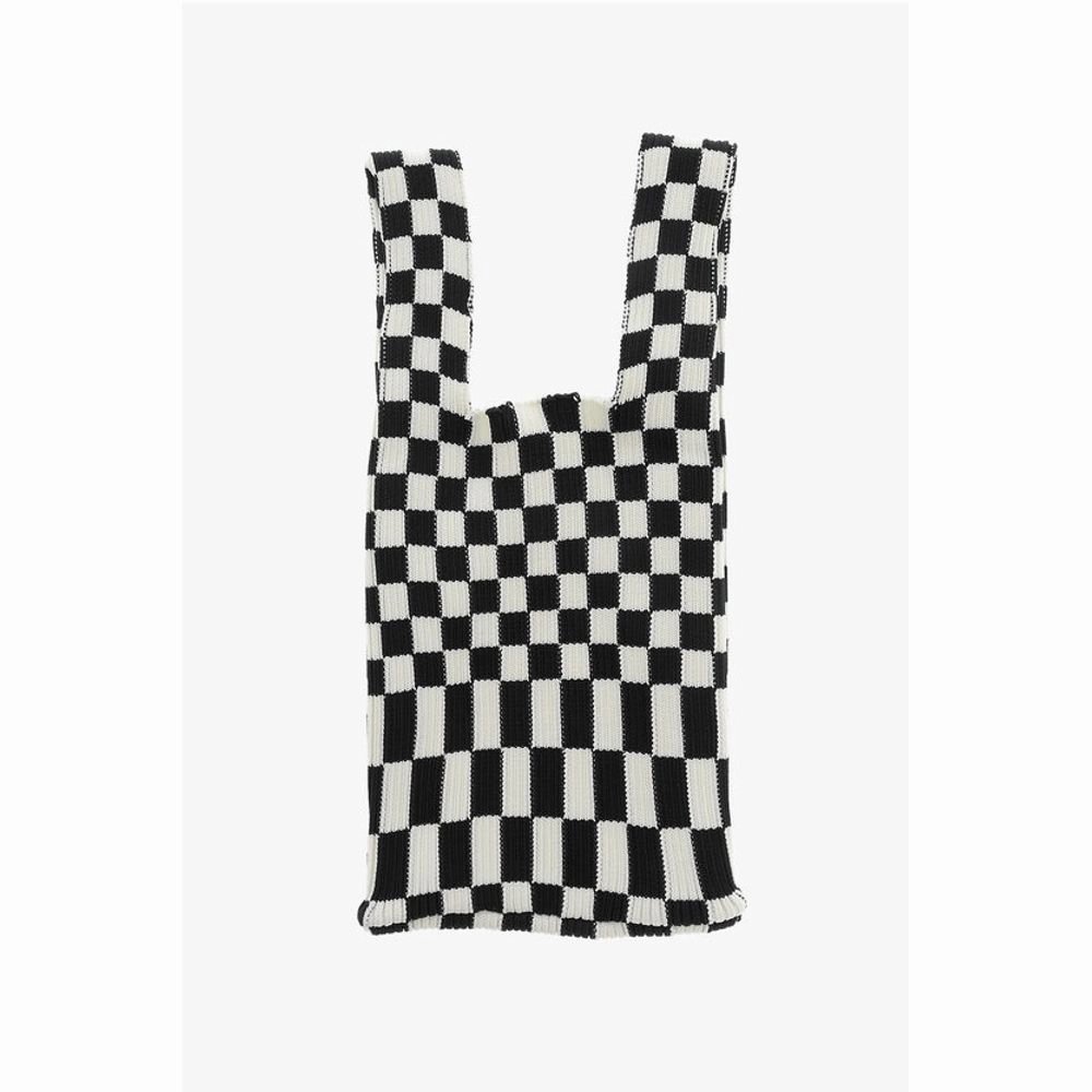 Last Frame Checked Knitted Tote Bag with Faux Leather Shoulder Strap