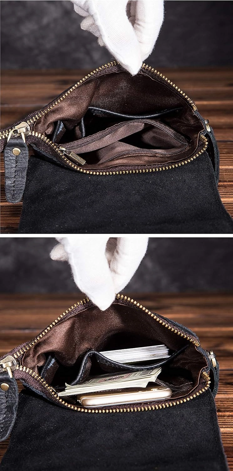 Le'aokuu Mens Genuine Leather Small Messenger Shoulder Satchel Phone Pouch Belt Fanny Waist Bag Pack