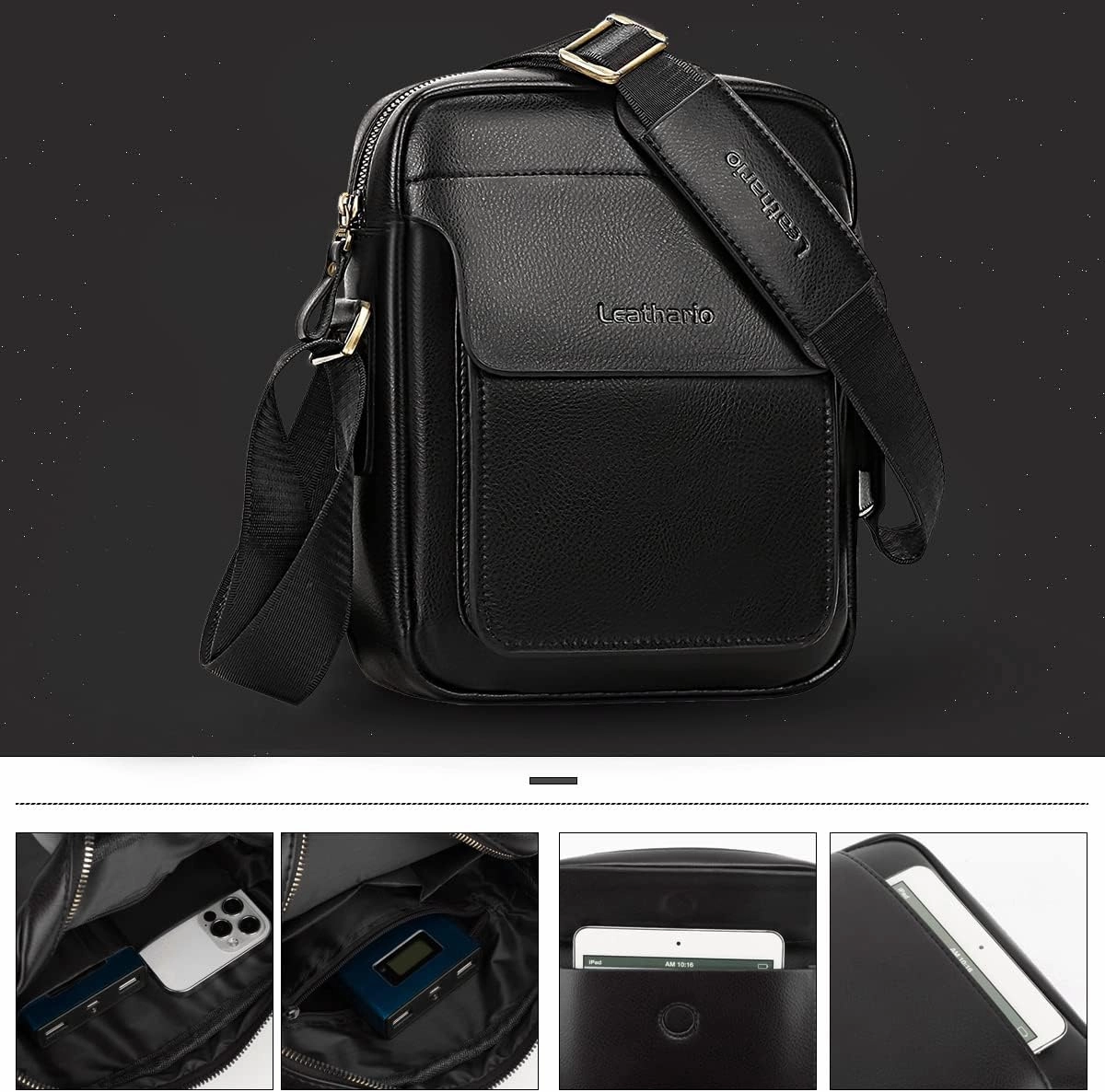 Leathario Crossbody Bag For Men Vegan Leather Shoulder Messenger Purse Sling Satchel Bag For Work Business Travel