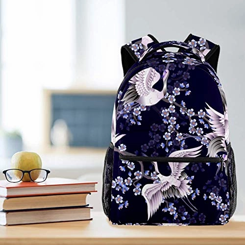 LORVIES White Japanese Cranes And Pink Branches Backpack Hiking Daypack for Adults Kids