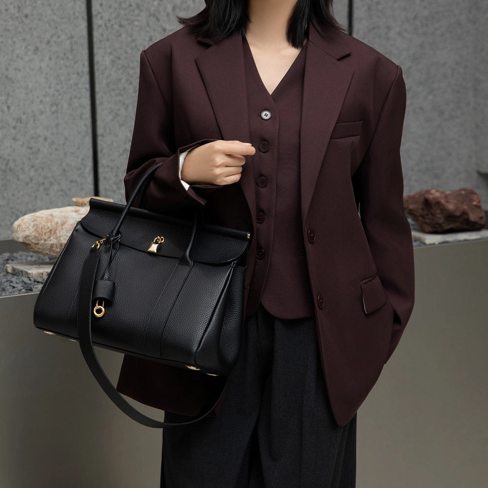 Luxury Calf Leather Large Flap Top Tote,  Premium Cowhide Commuter Crossbody Bag