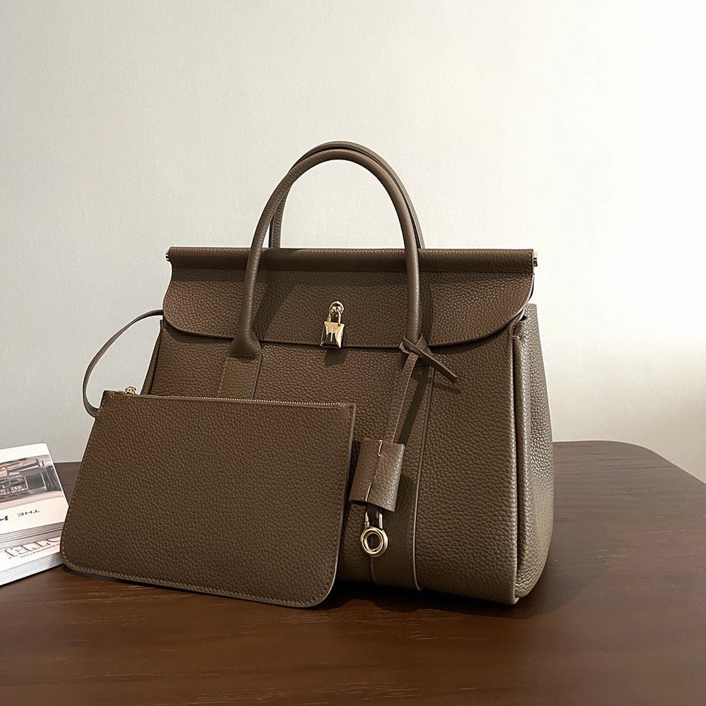 Luxury Calf Leather Large Flap Top Tote,  Premium Cowhide Commuter Crossbody Bag