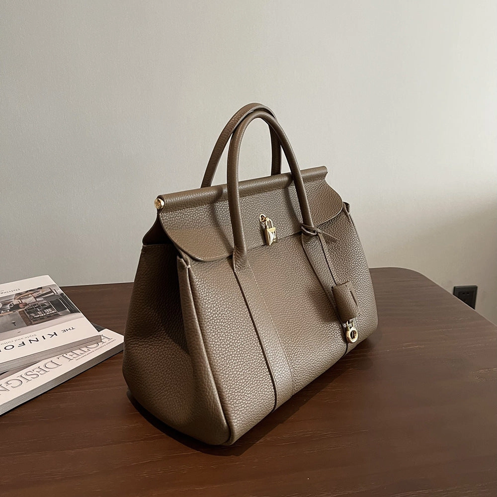 Luxury Calf Leather Large Flap Top Tote,  Premium Cowhide Commuter Crossbody Bag