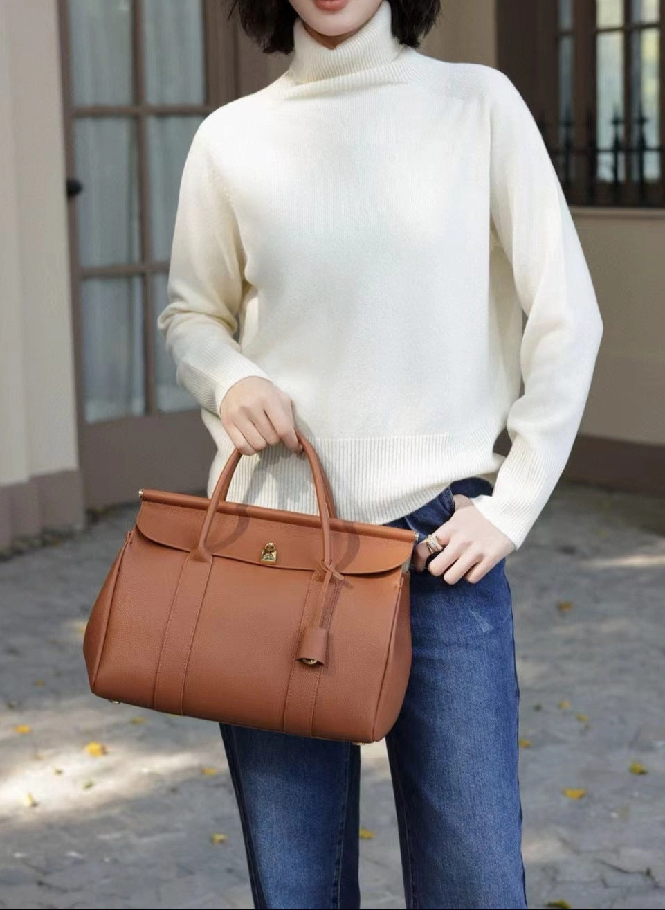 Luxury Calf Leather Large Flap Top Tote,  Premium Cowhide Commuter Crossbody Bag