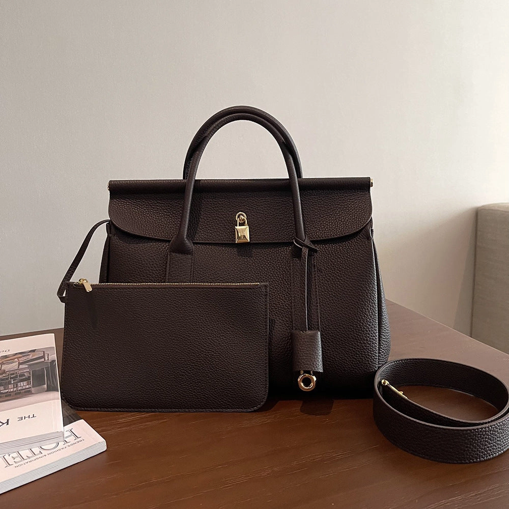 Luxury Calf Leather Large Flap Top Tote,  Premium Cowhide Commuter Crossbody Bag