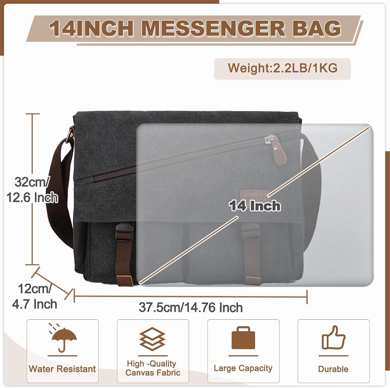 Messenger Bag for Men,Water Resistant Canvas Satchel 14 15.6 17 Inch Laptop Briefcases Business Shoulder Bag by RAVUO