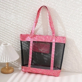 Metallic Animal Print Mesh Beach Vacation Tote In Hot Pink
