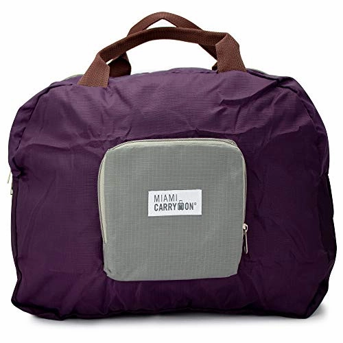 Miami CarryOn Travel Foldable Handbag - Folds to a Compact 6 x 6 x 1-1/2 inches (Purple-Gray)