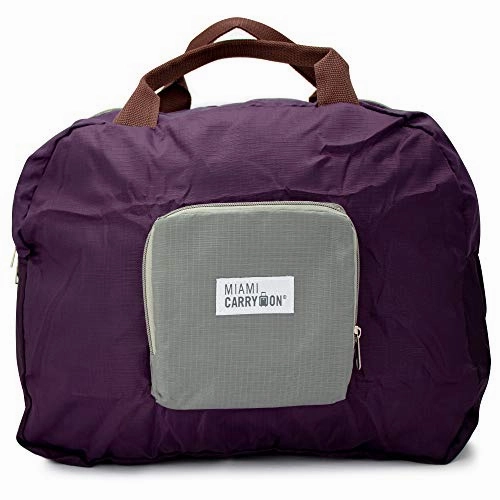 Miami CarryOn Travel Foldable Handbag - Folds to a Compact 6 x 6 x 1-1/2 inches (Purple-Gray)
