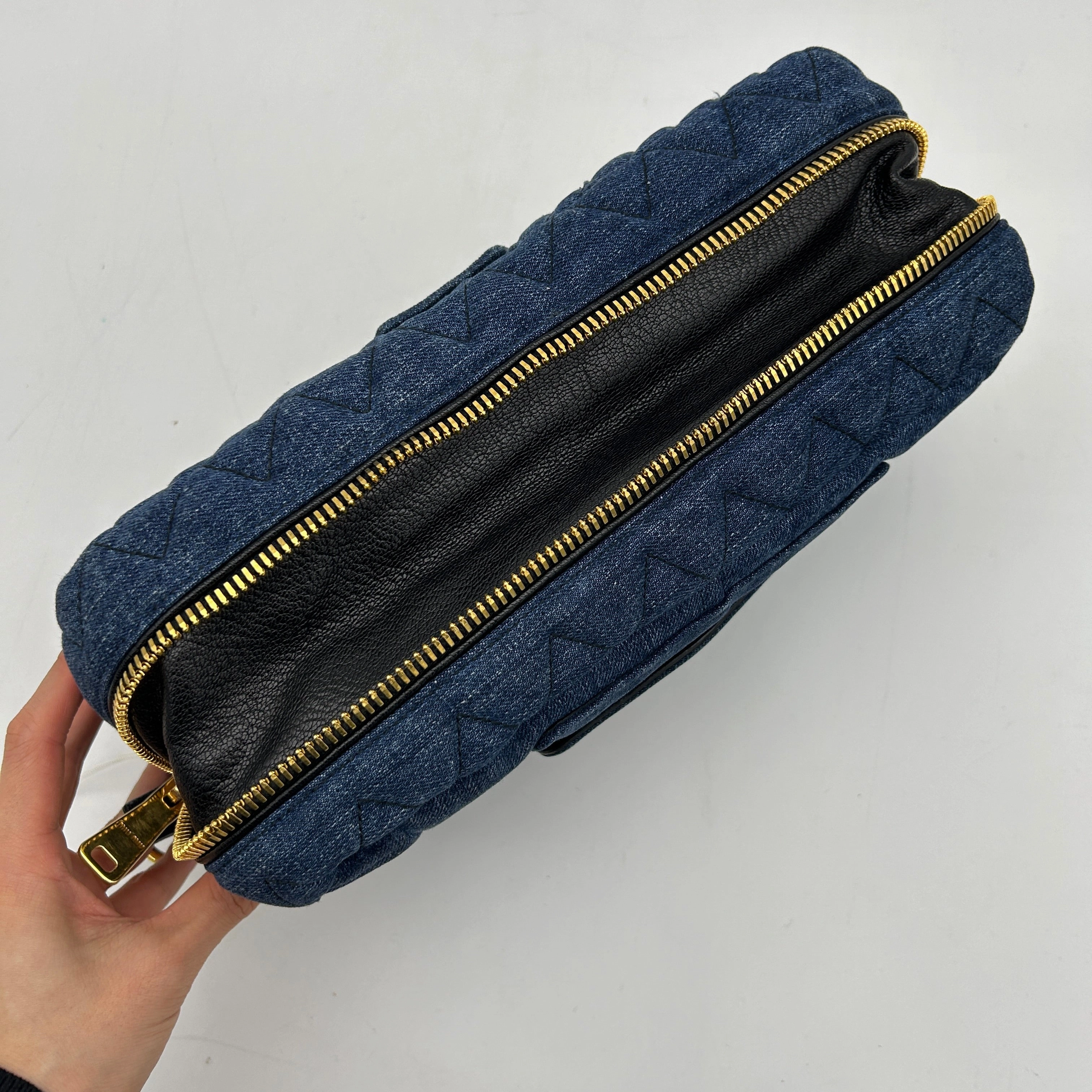 Miu Miu Blue Matelasse Denim Biker Shoulder Bag