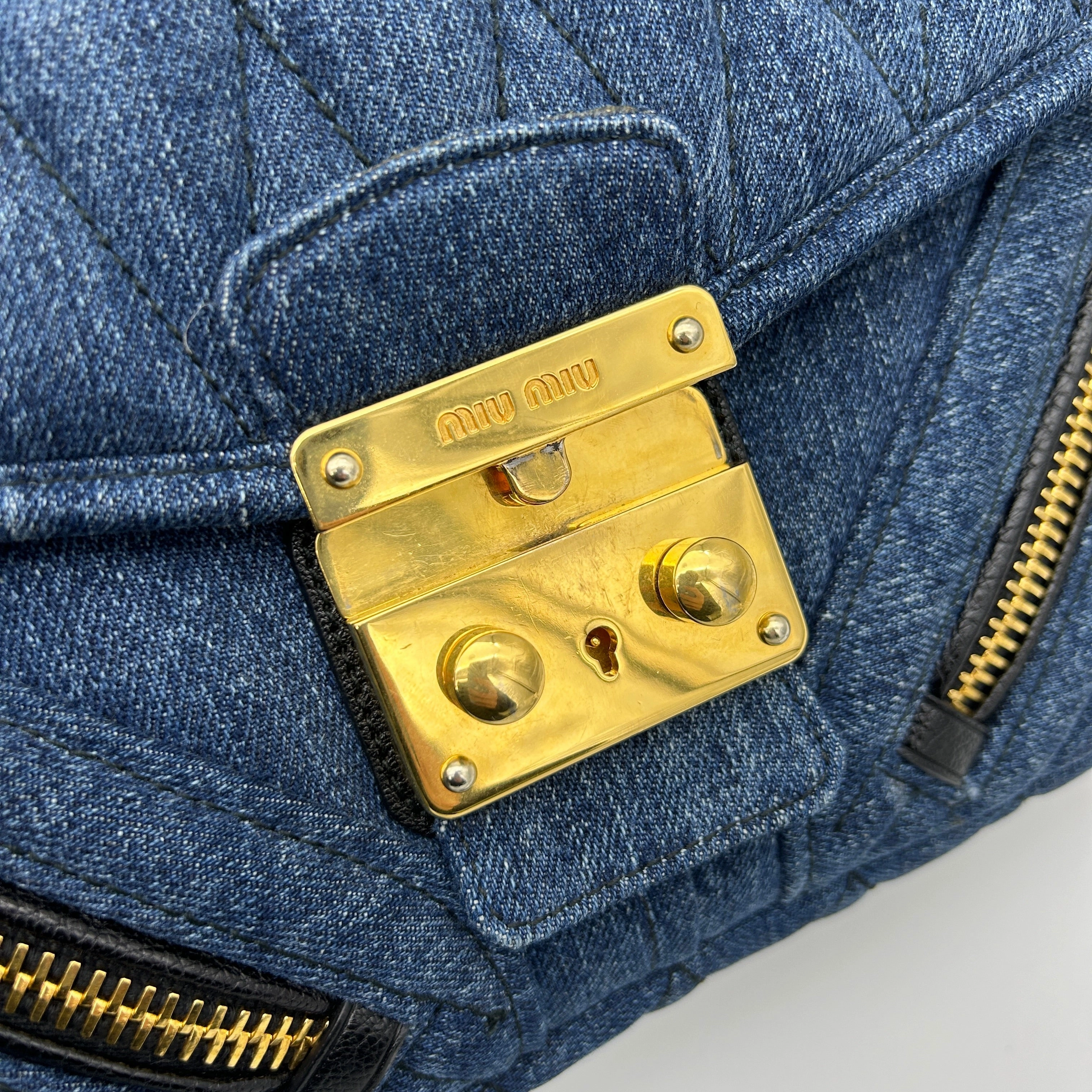 Miu Miu Blue Matelasse Denim Biker Shoulder Bag