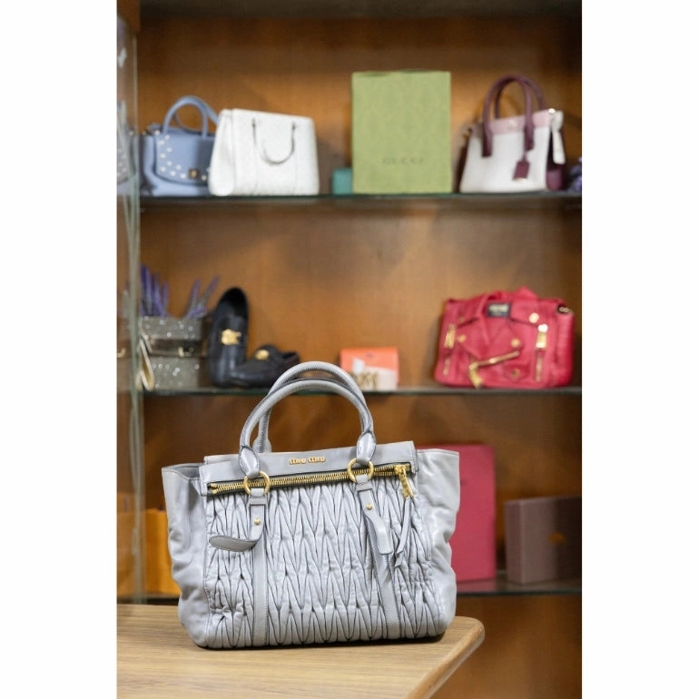 Miu Miu Grey Gathered Leather To Zip Tote