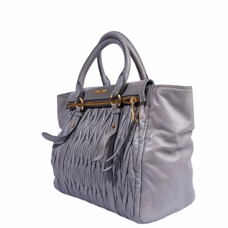 Miu Miu Grey Gathered Leather To Zip Tote