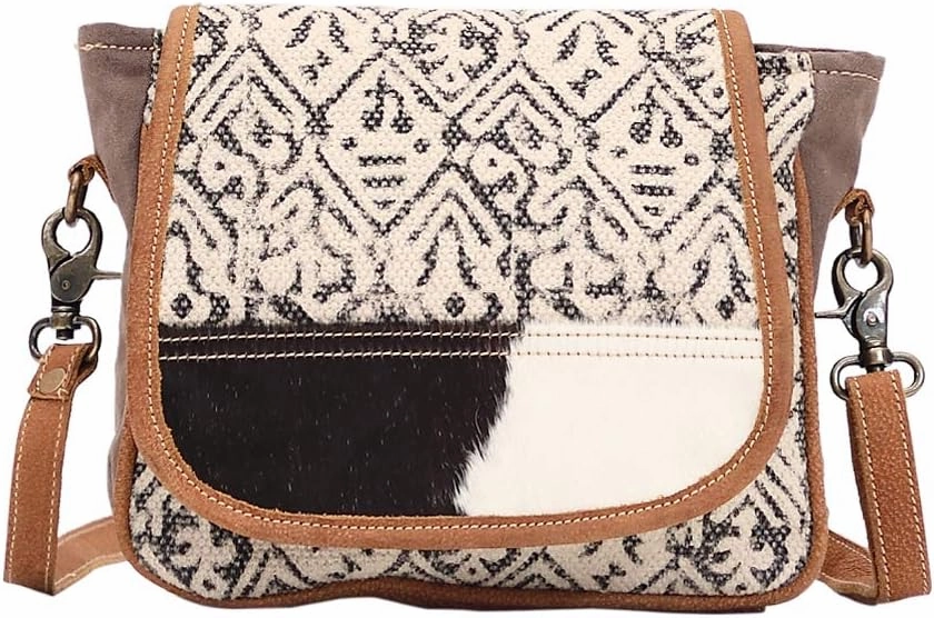 Myra Bag Monochrome Upcycled Canvas & Cowhide Messenger Bag S-1526
