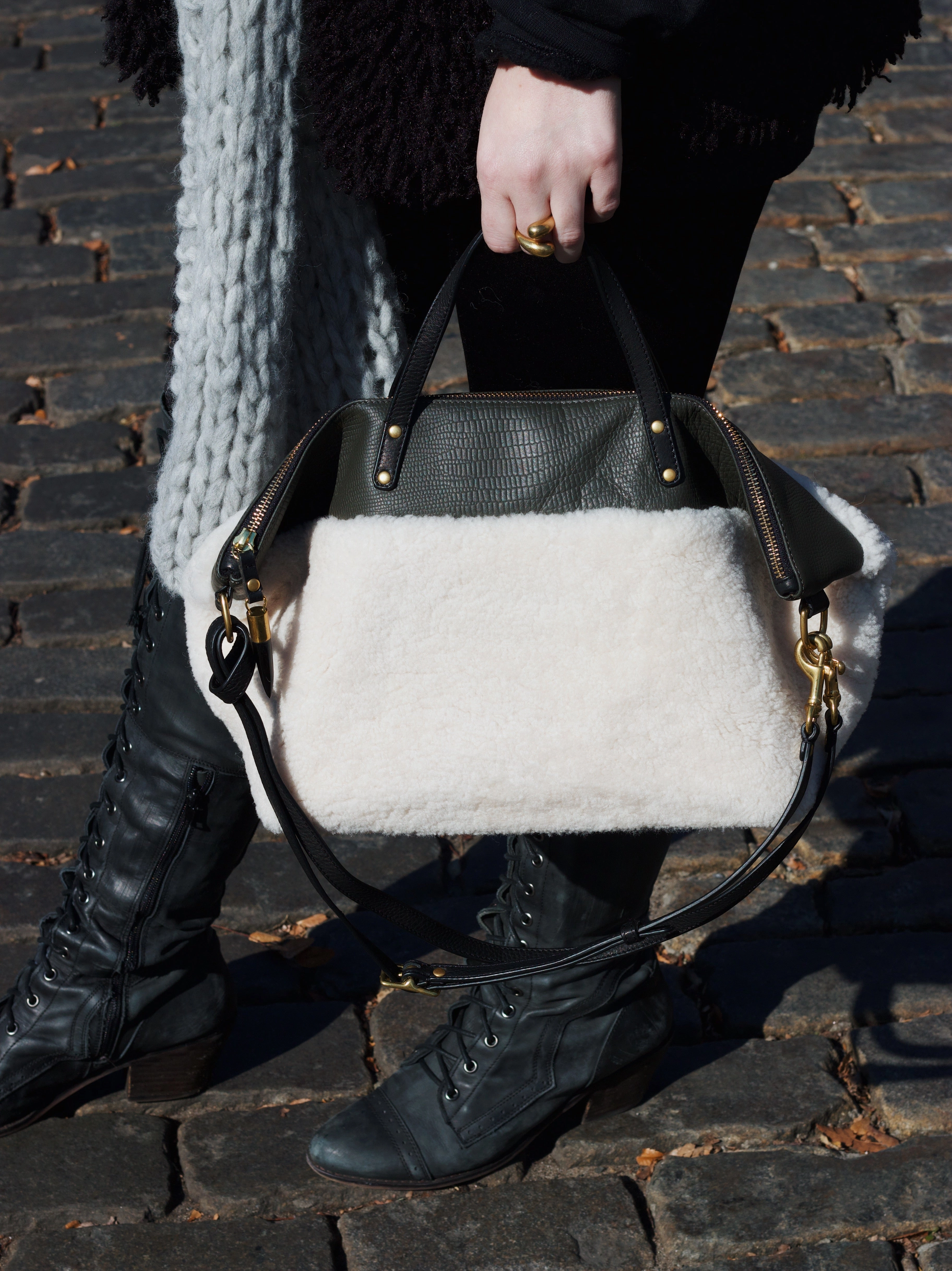 Natural Shearling Olive Petite Lizard Devon Holdall