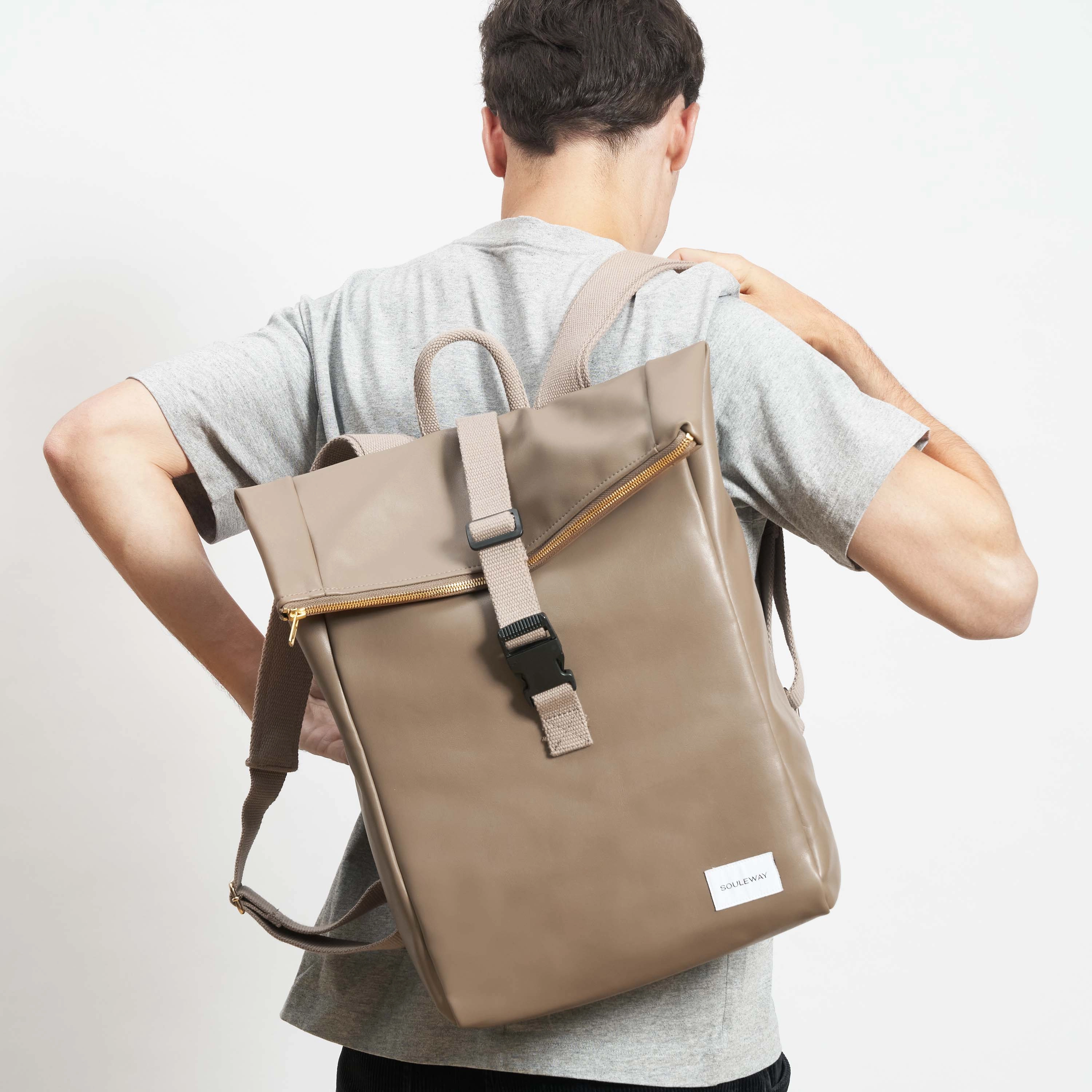 Oleatex Vegan Olive Leather Foldtop Backpack | Mocha Brown