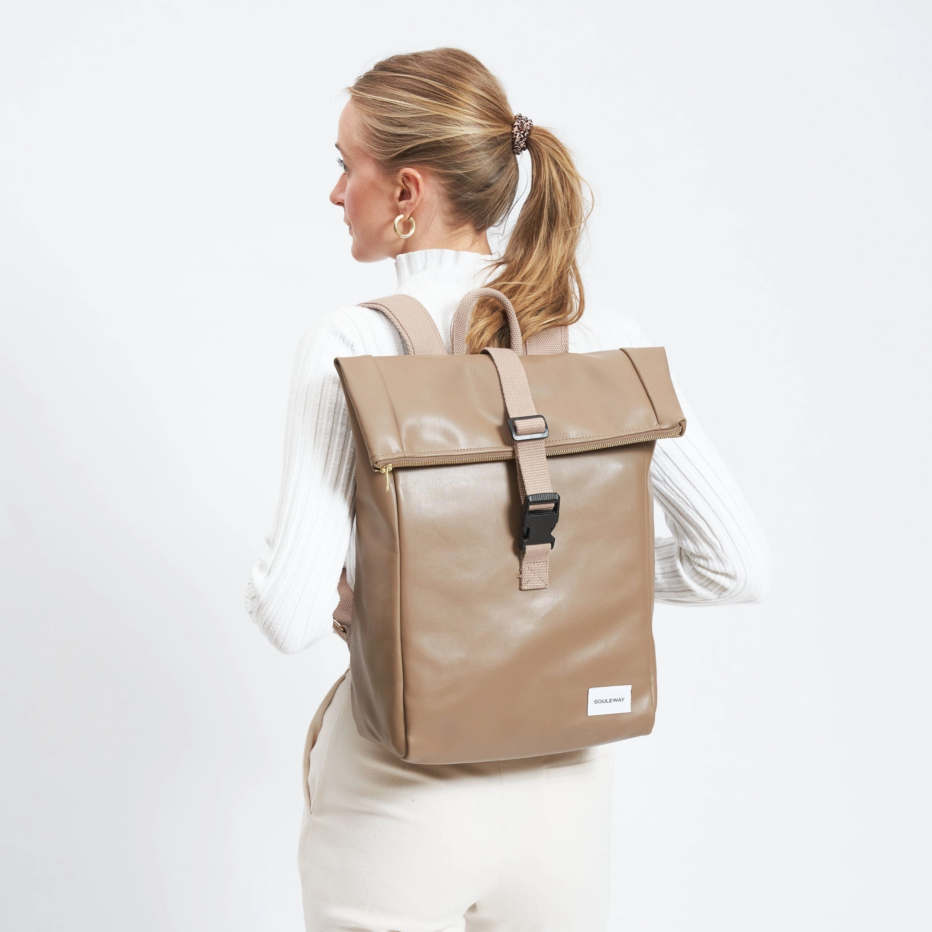 Oleatex Vegan Olive Leather Foldtop Backpack | Mocha Brown