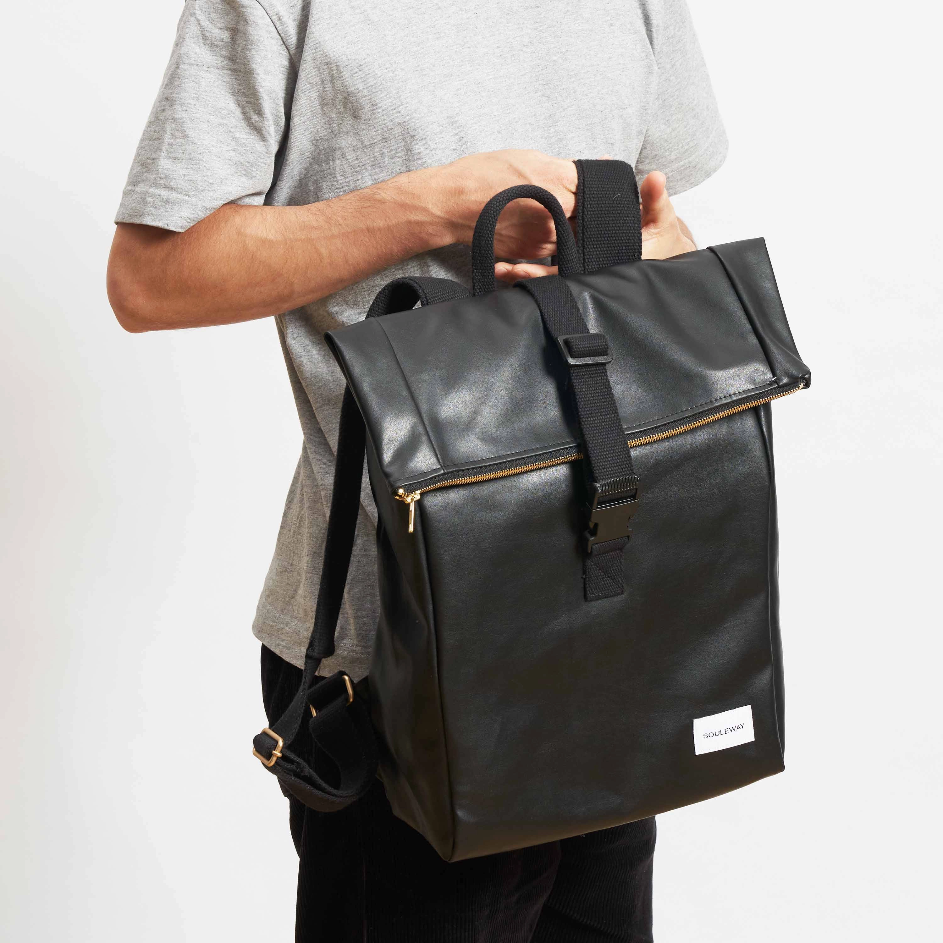 Oleatex Vegan Olive Leather Foldtop Backpack | Night Black