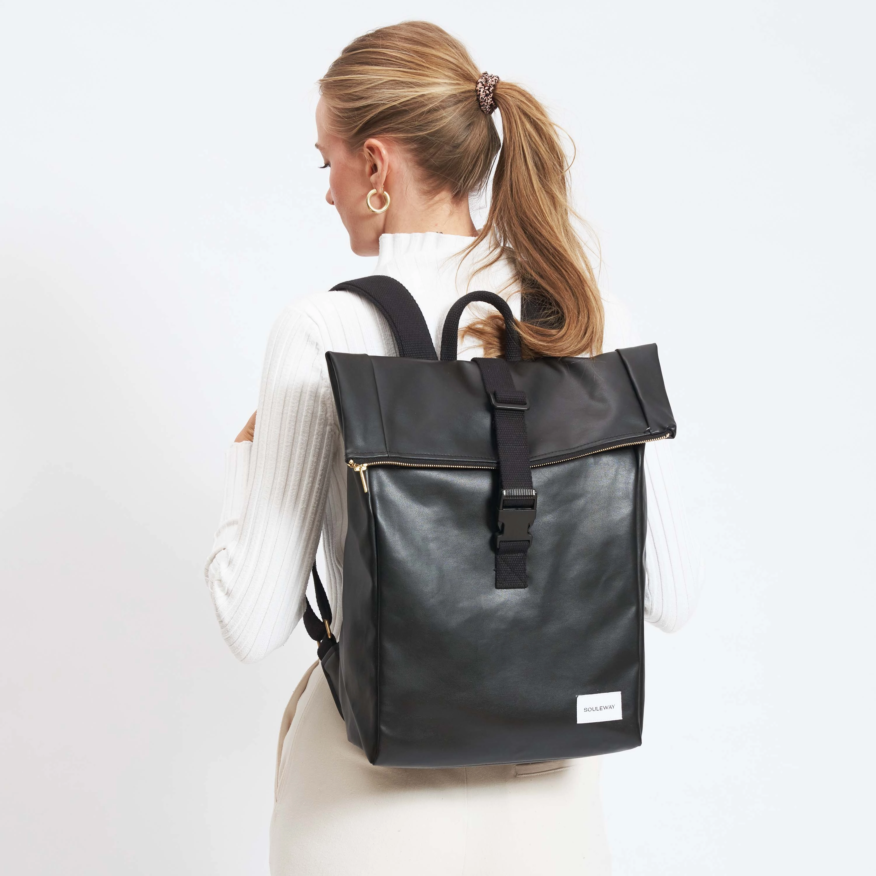 Oleatex Vegan Olive Leather Foldtop Backpack | Night Black