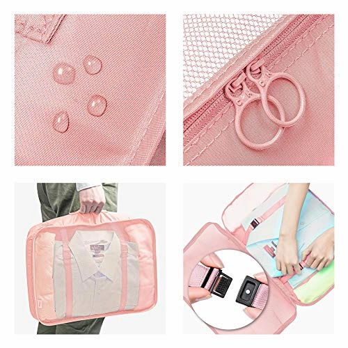 Packing Cubes 7 Set Lightweight Travel Luggage Organizers with Laundry Bag or Toiletry Bag (PINK)