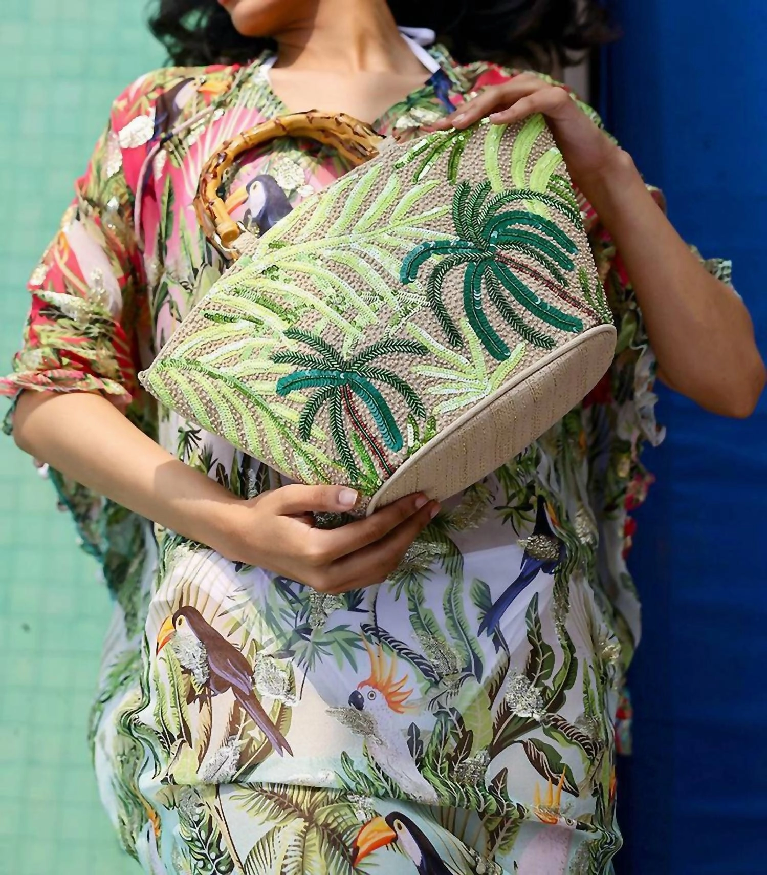Palm Tree Beaded Mini Tote In Multi