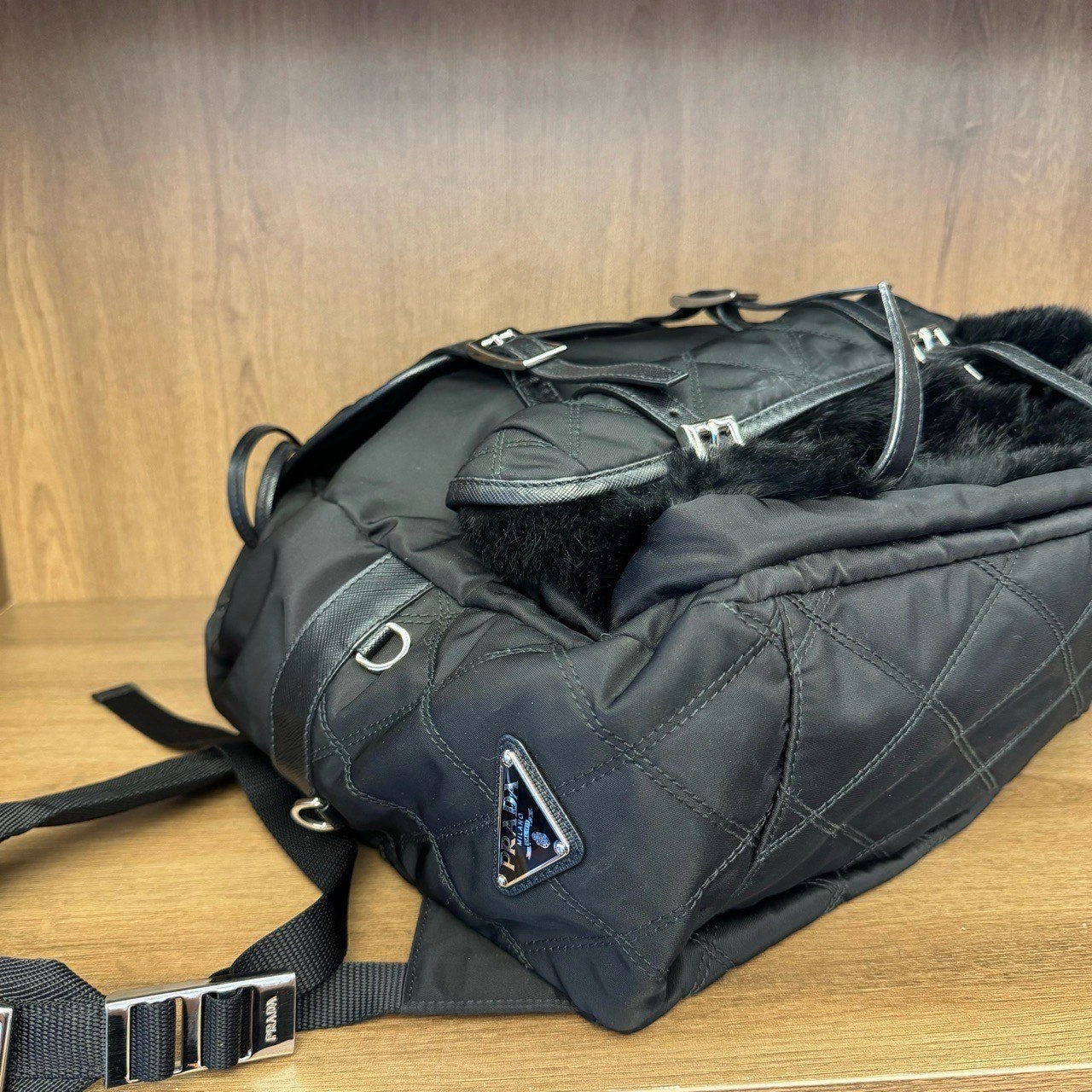 Prada Black Nylon Fur Trim Backpack