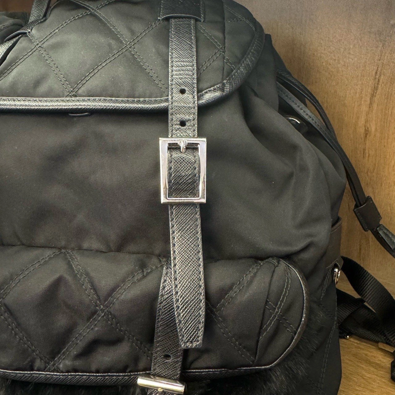 Prada Black Nylon Fur Trim Backpack