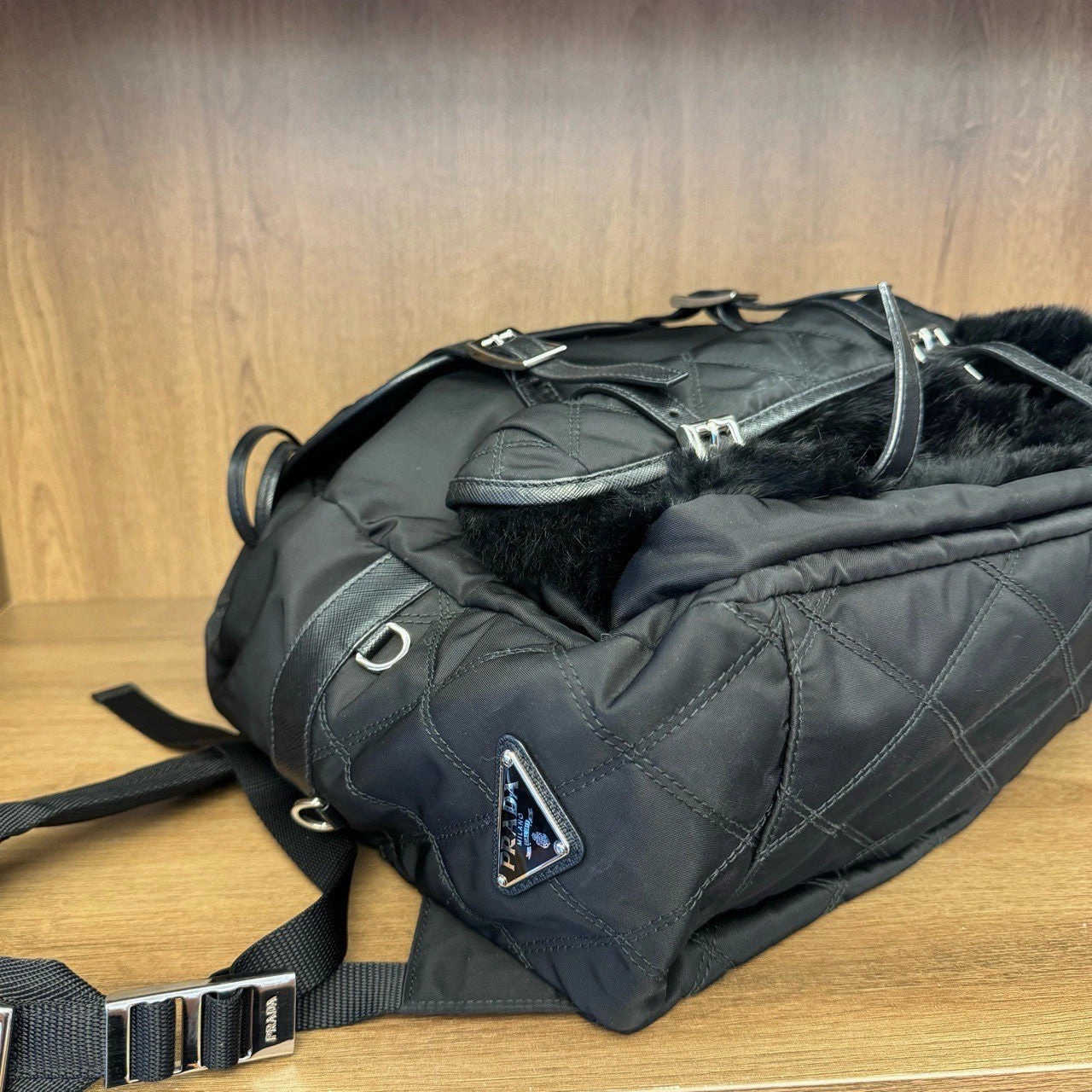 Prada Black Nylon Fur Trim Backpack