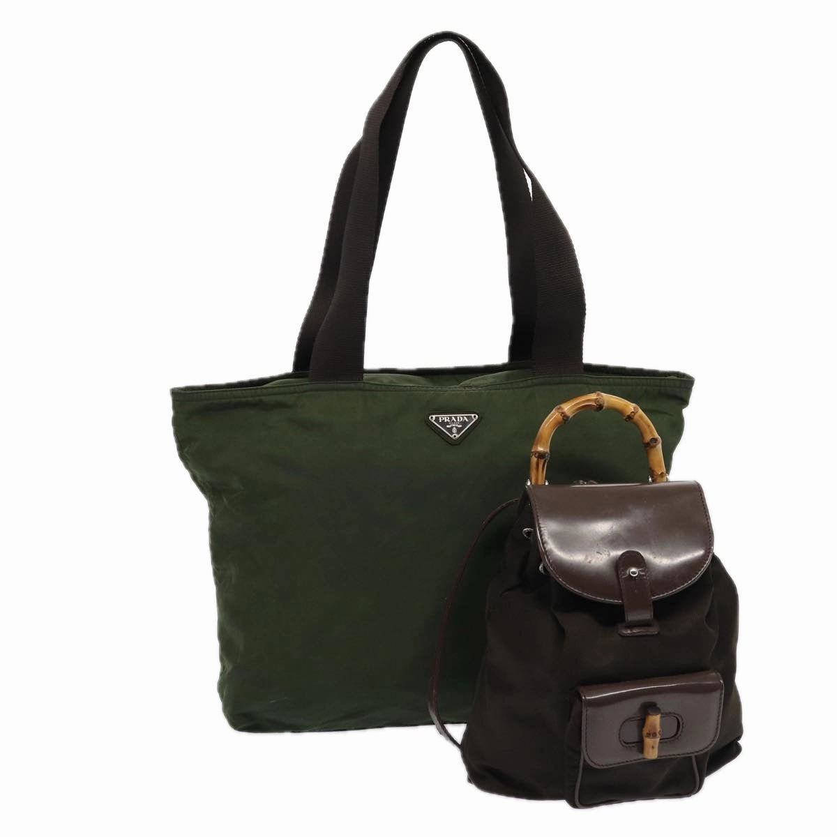 PRADA Gucci Bamboo Tote Backpack Nylon 2Set Khaki Green  yk12253