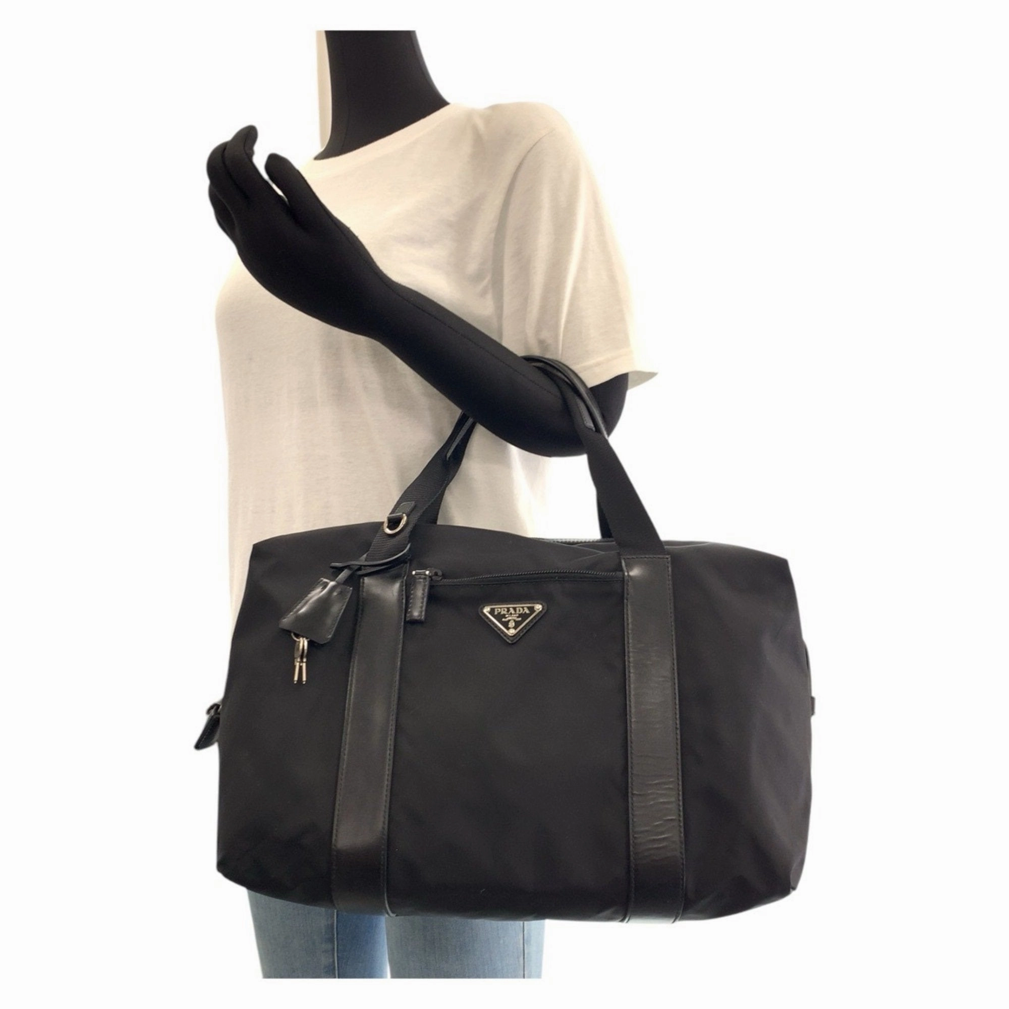 Prada Nylon Leather Boston Bag Tote Bag (Pre-Owned)