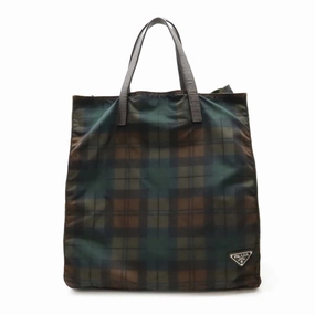 Prada Nylon Leather Triangle Logo Tote Bag