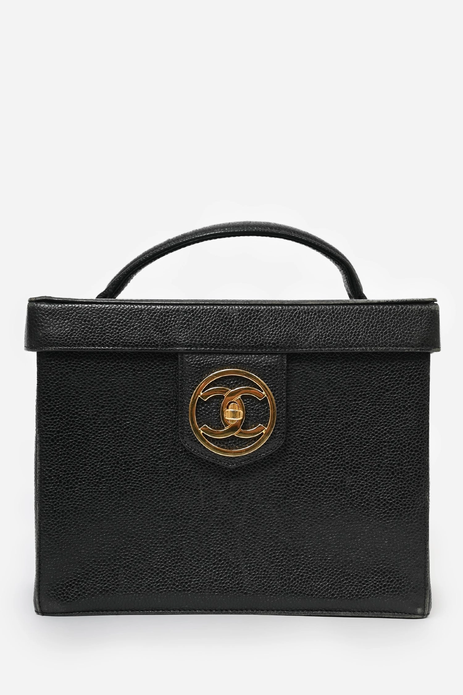 Pre-Loved Chanel 1991-94 Vintage Black Caviar Leather CC Box Vanity Makeup Case with Chain Strap (As Is)