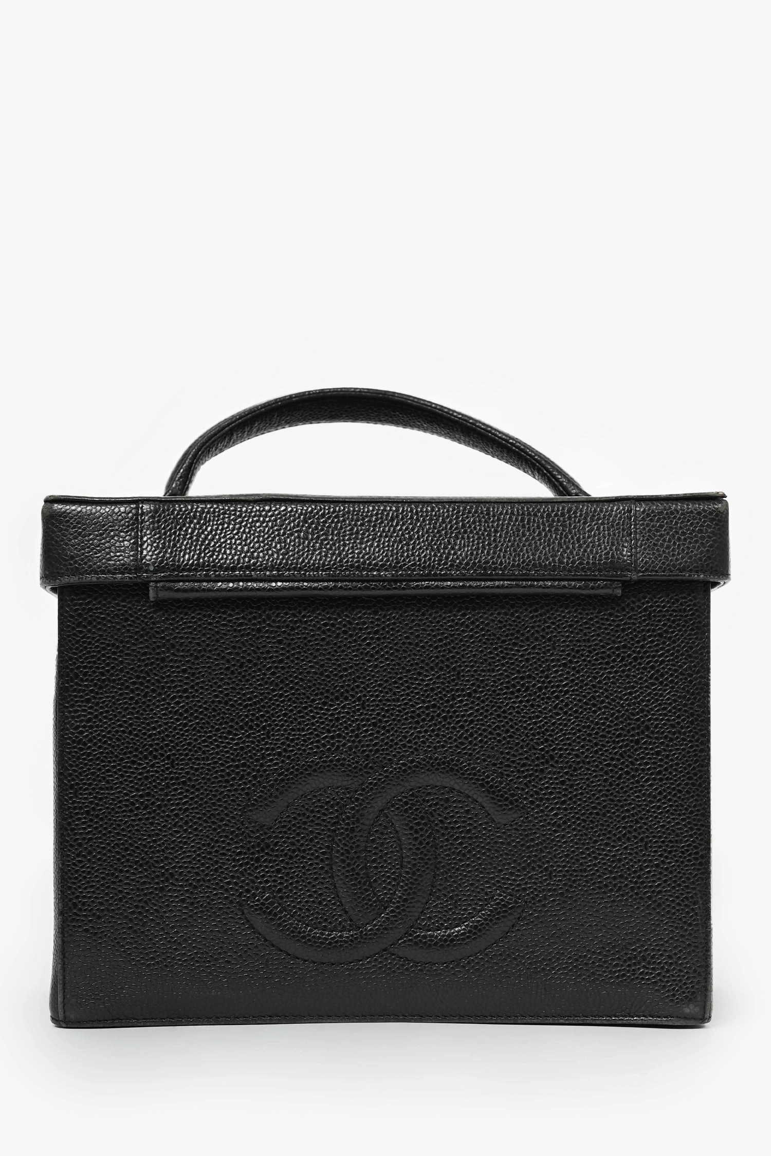 Pre-Loved Chanel 1991-94 Vintage Black Caviar Leather CC Box Vanity Makeup Case with Chain Strap (As Is)