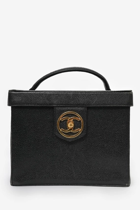 Pre-Loved Chanel 1991-94 Vintage Black Caviar Leather CC Box Vanity Makeup Case with Chain Strap (As Is)