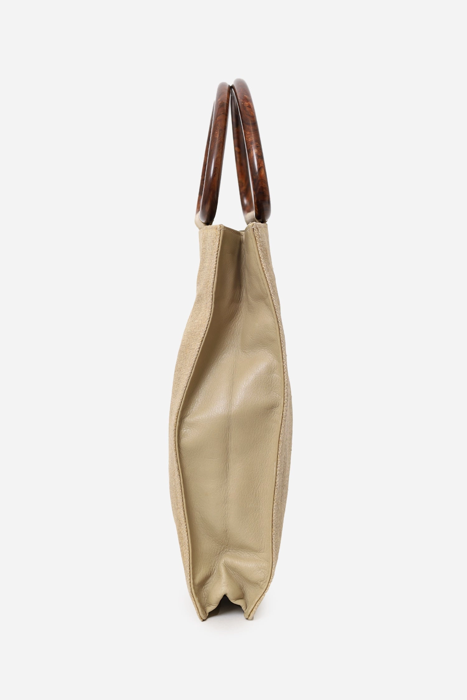 Pre-Loved Chanel 2000-02 Beige CC Stitched Woven Linen Wood Handle Tote Bag