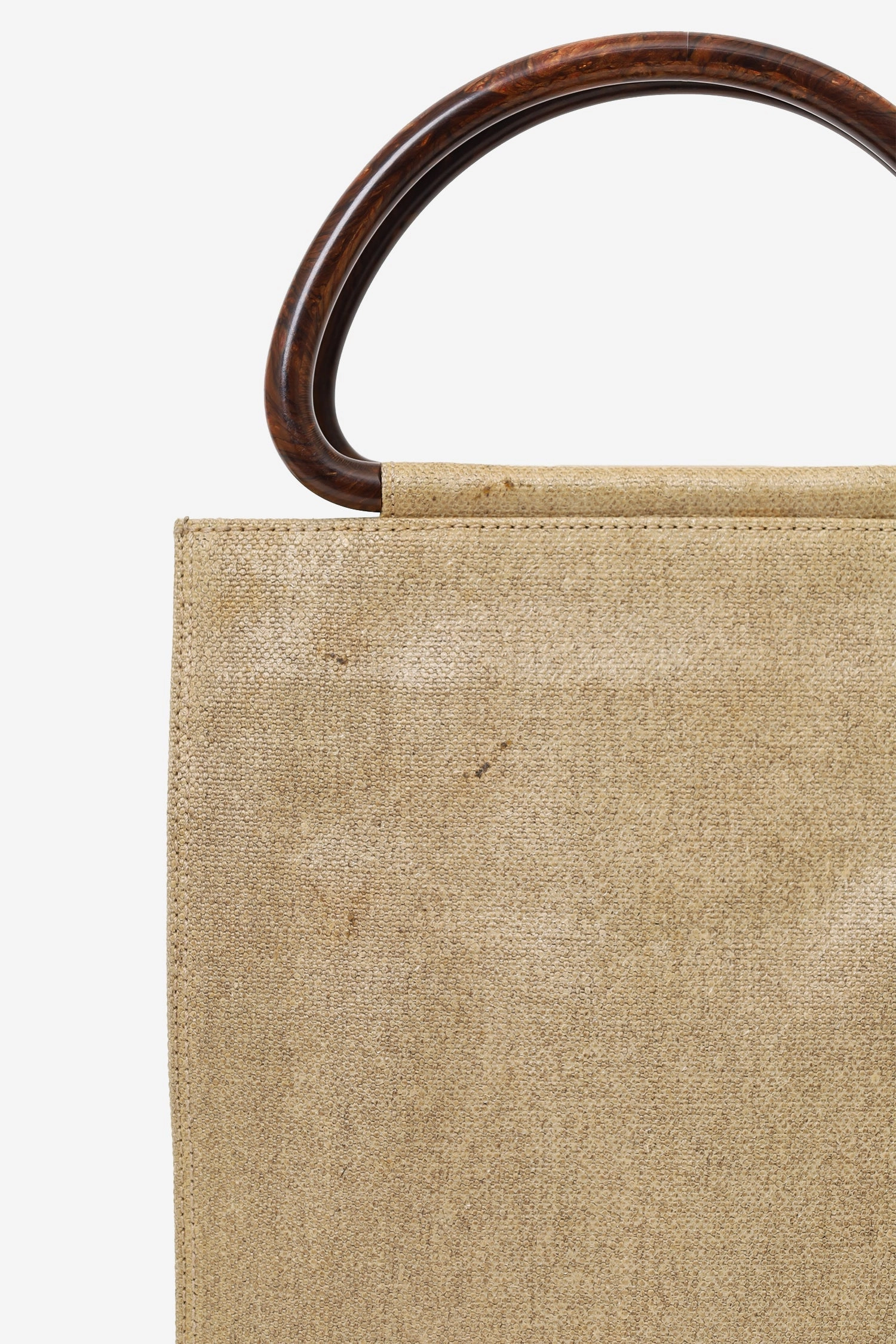 Pre-Loved Chanel 2000-02 Beige CC Stitched Woven Linen Wood Handle Tote Bag