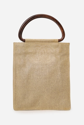 Pre-Loved Chanel 2000-02 Beige CC Stitched Woven Linen Wood Handle Tote Bag