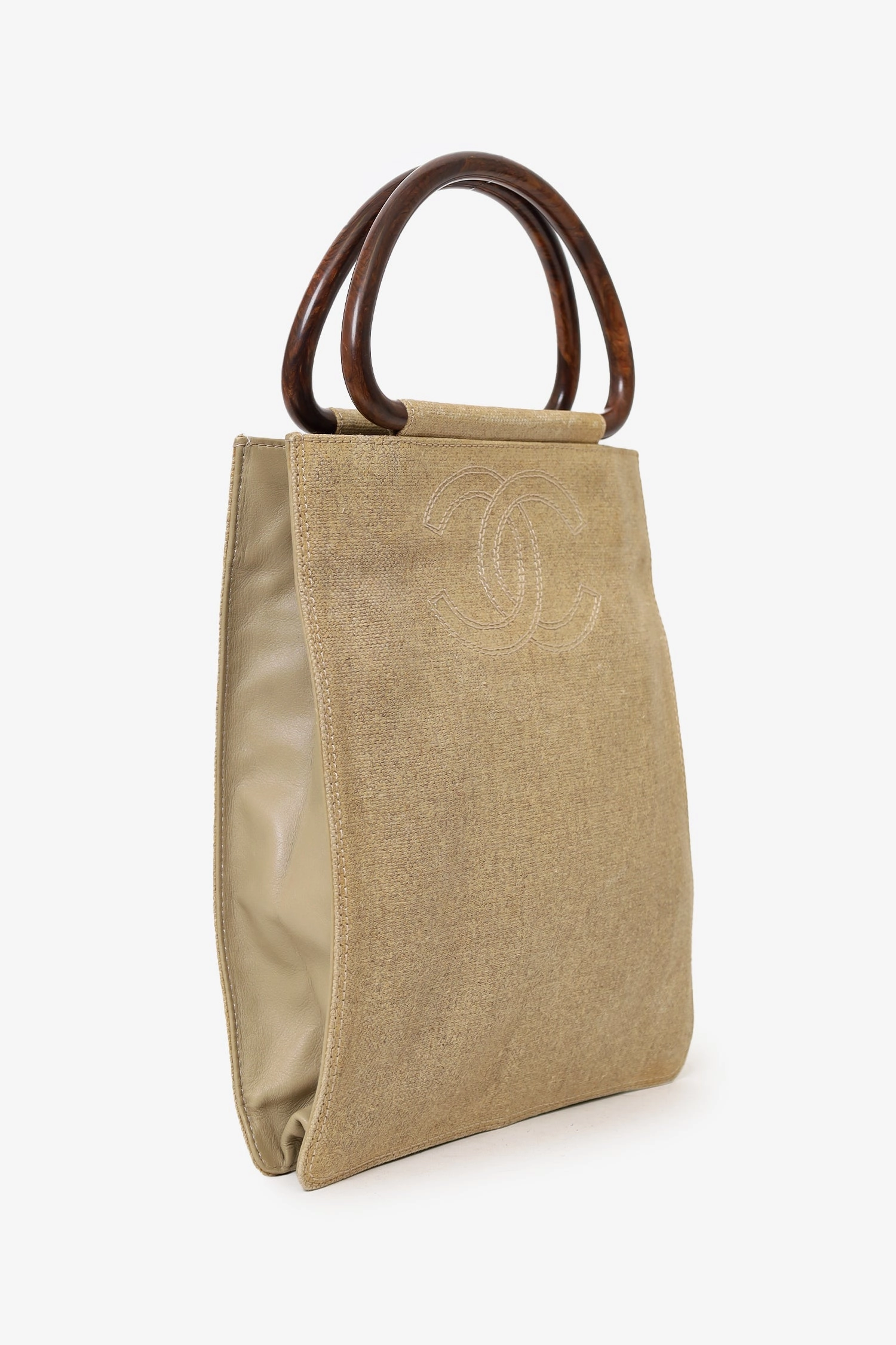 Pre-Loved Chanel 2000-02 Beige CC Stitched Woven Linen Wood Handle Tote Bag