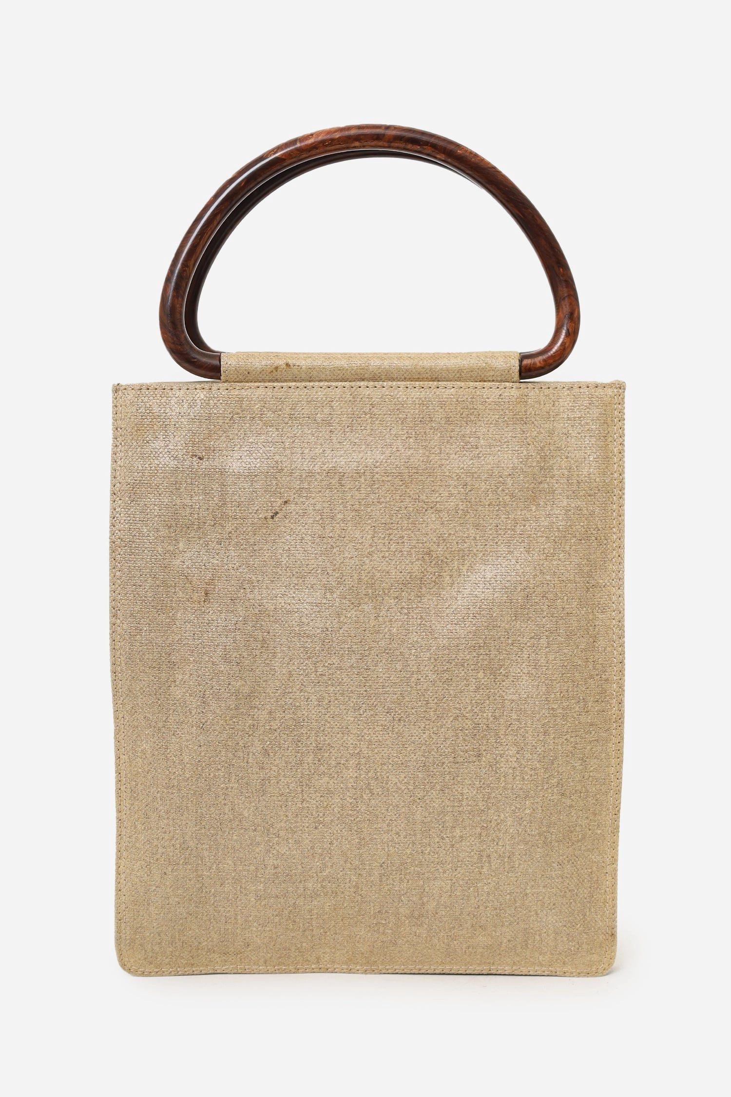 Pre-Loved Chanel 2000-02 Beige CC Stitched Woven Linen Wood Handle Tote Bag