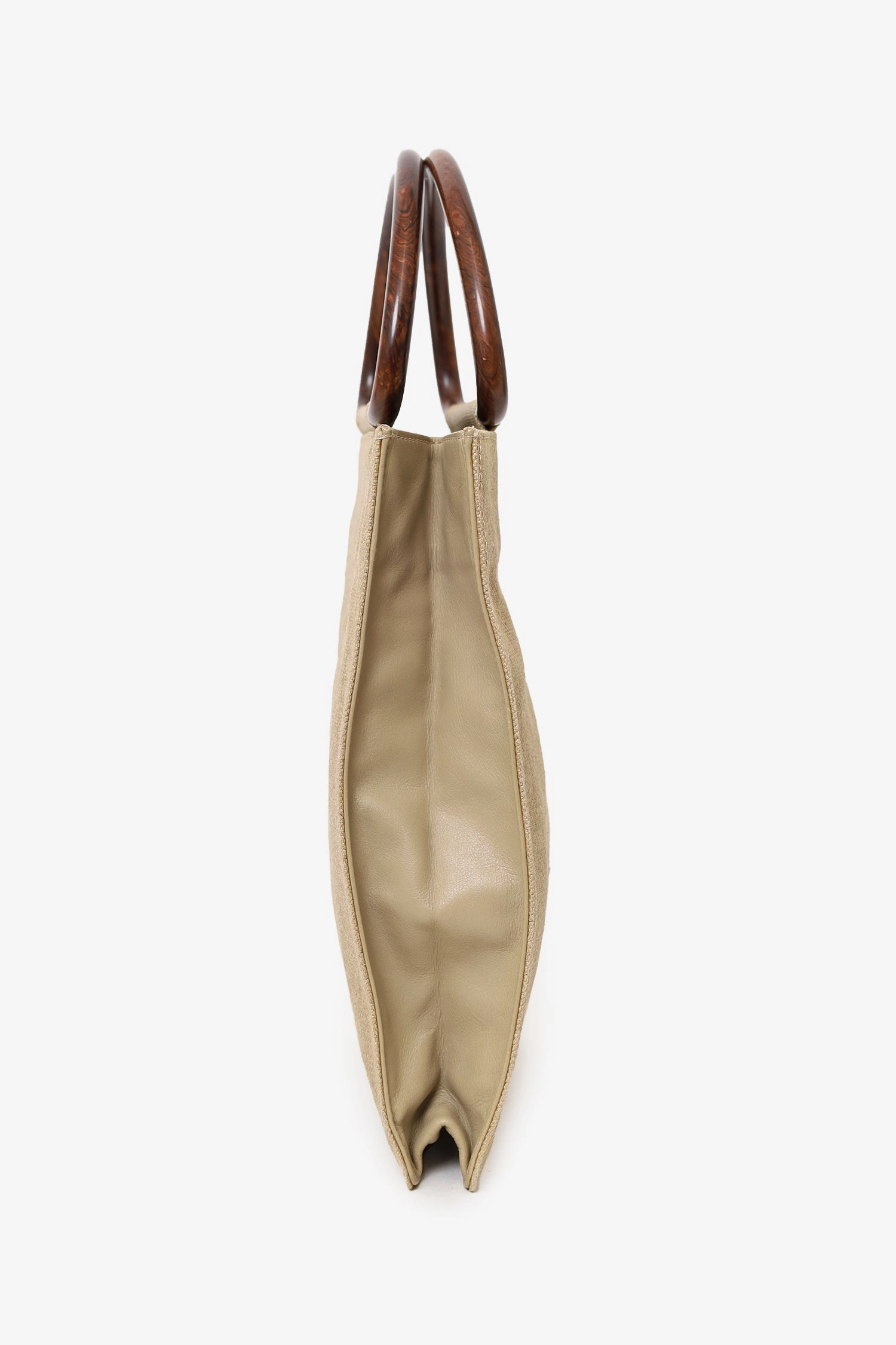Pre-Loved Chanel 2000-02 Beige CC Stitched Woven Linen Wood Handle Tote Bag