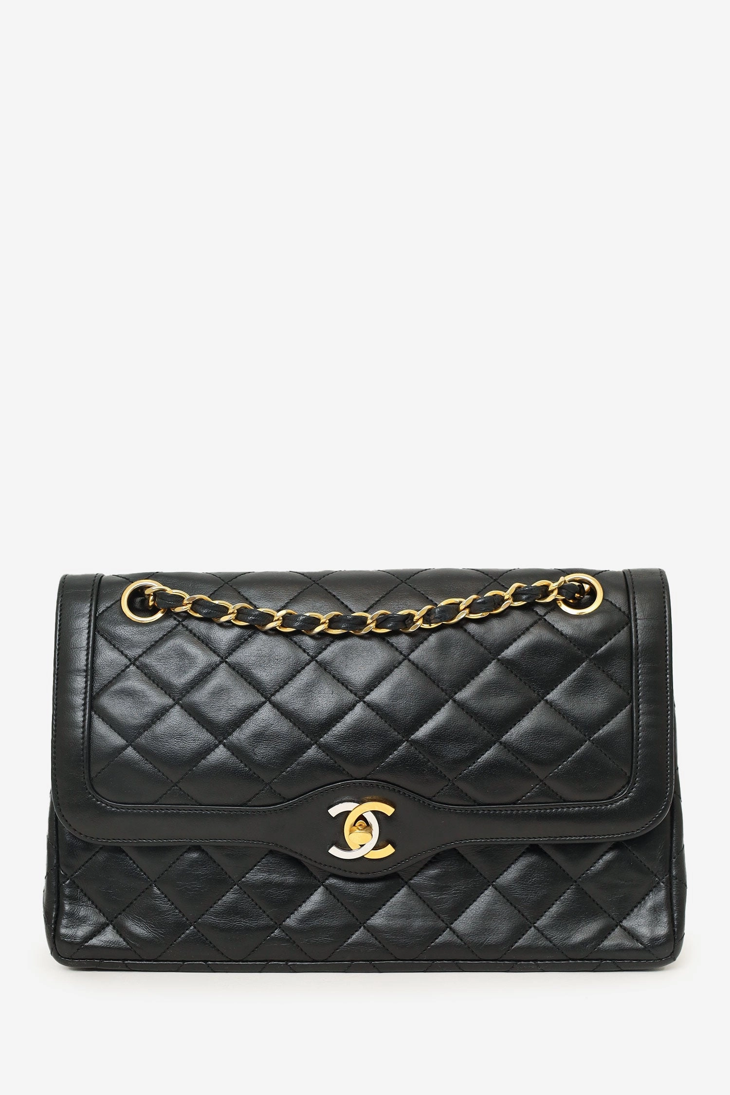 Pre-Loved Chanel Vintage Black Lambskin Two-Tone CC Paris Double Flap Bag
