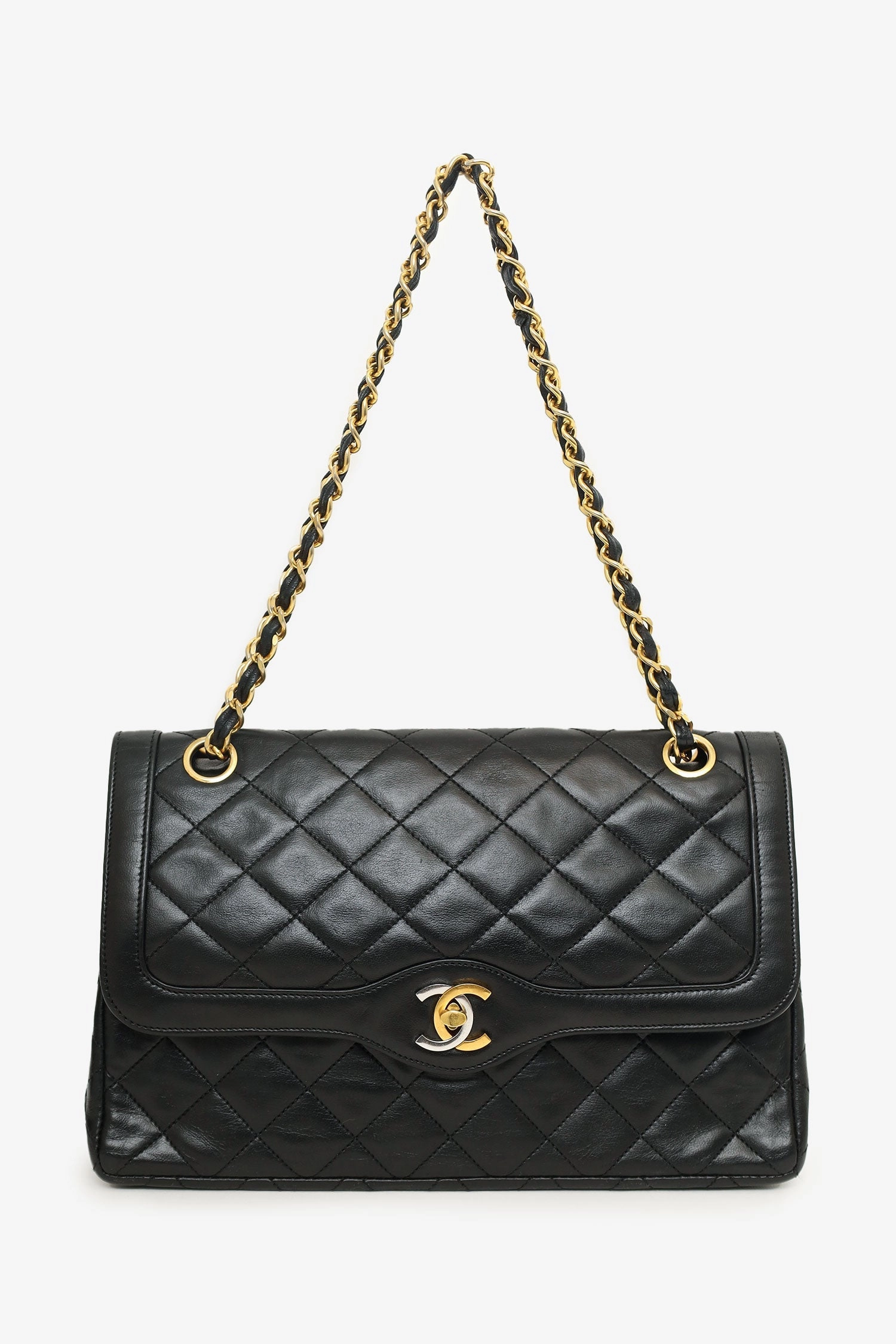 Pre-Loved Chanel Vintage Black Lambskin Two-Tone CC Paris Double Flap Bag
